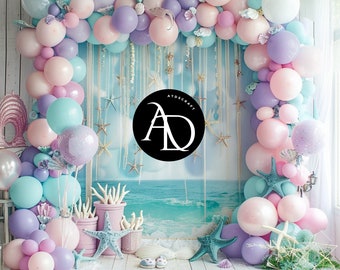 Mermaid Theme Studio Digital Backdrops, Cake Smash, Kids Mini Session, Digital Backgrounds, Photoshop overlays, Photo Props, Balloon Arch