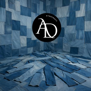 May include: A room with walls and floor covered in denim patches and jeans. A black circle with the white text "ATDSCRAFT" and a stylized "AD" logo is centered in the image. The jeans are various shades of blue.