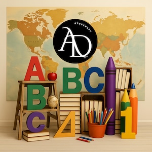 Vintage Schul Karte Hintergrund - ABC Buchstaben, Bücher & Globe - Digitales Klassenzimmer Hintergrund für Kinder oder Lehrer - Back to School Hintergrund