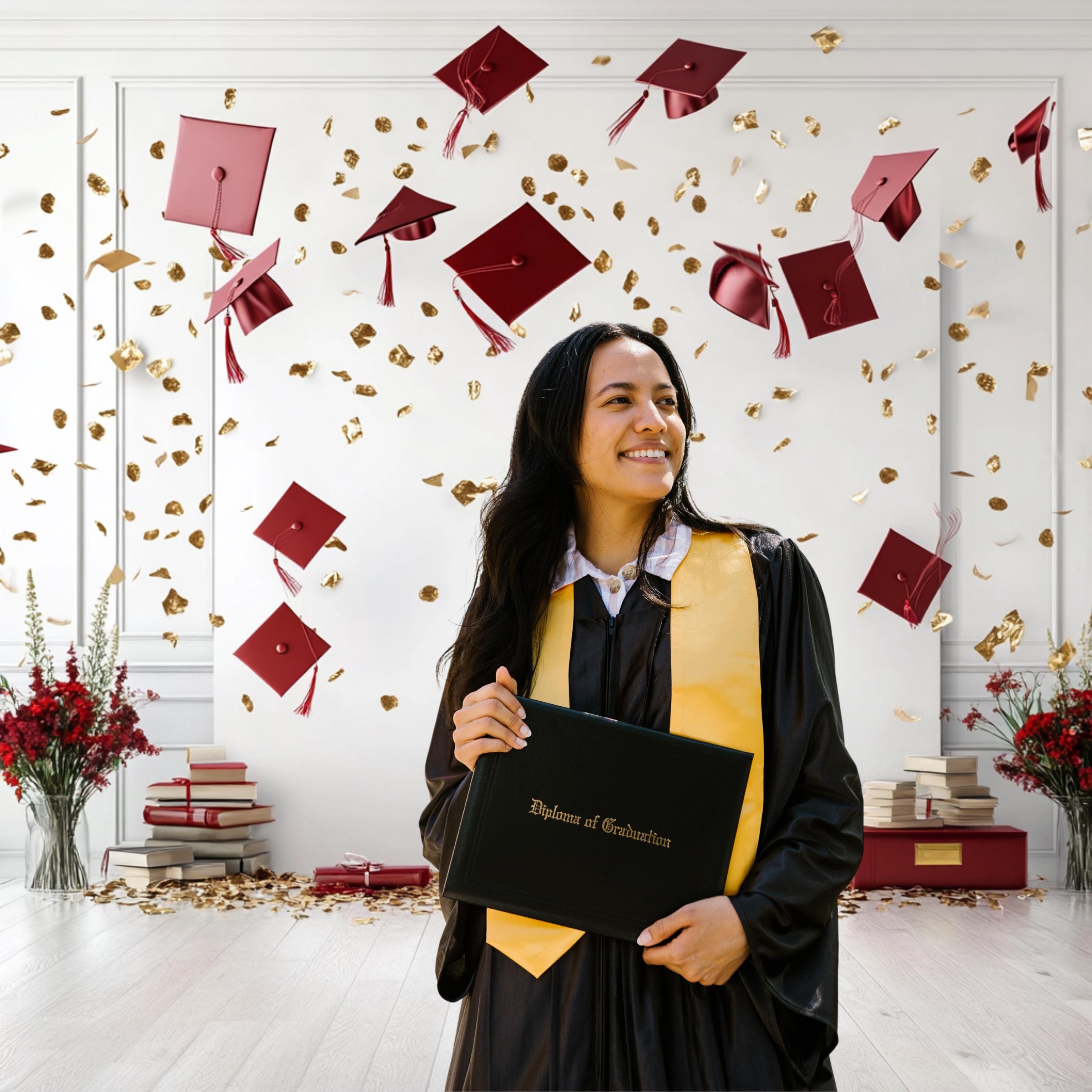 Luxury Graduation Celebration Backdrop | Red Cap Toss With Gold ...