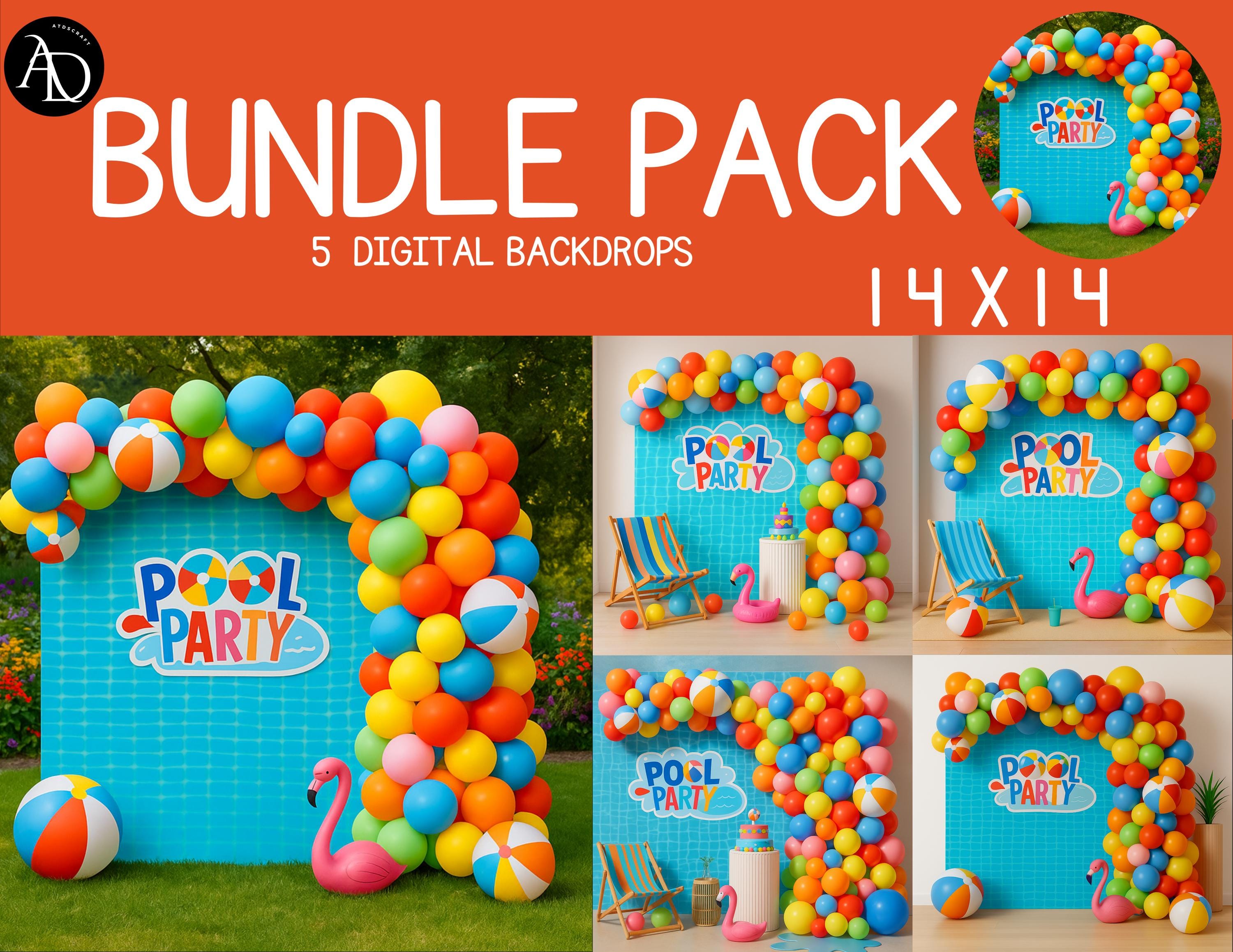 Pool Party DigPool Party Digital Backdrop Bundle – 5 Summer Backdrops | Beach Ball & Balloon Wall Backgrounds for Photography-Pool Party