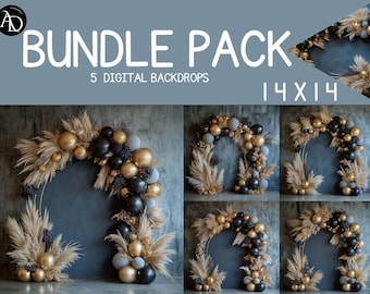 Paquete de fondos de lujo azul y dorado, fondo digital para bodas, graduaciones y cumpleaños, elegante arco de globos para fotos, 5 imágenes PNG de 14x14 pulgadas.