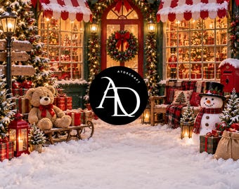 Christmas Toy Shop Backdrop, Kids Christmas Photography Background, Santa Workshop Christmas Mini Session, Snowy Holiday Digital Backdrop
