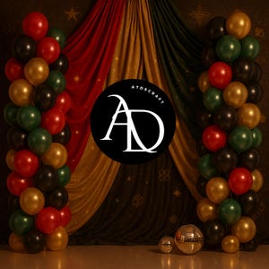 May include: A festive display featuring balloon columns in red, black, gold, and green, flanking a backdrop of draped fabric in matching colors. The image includes a logo with the text "ATDSCRAFT" and a few disco balls.