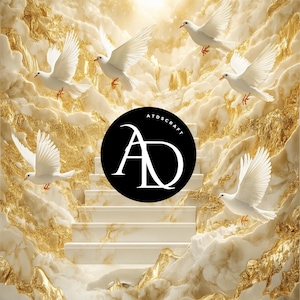 Stair Step to Heaven- AI Art, Christian-Funeral-Gold Background - Heaven Background- Memorial-Doves-Background Digital Downloadable-Instant