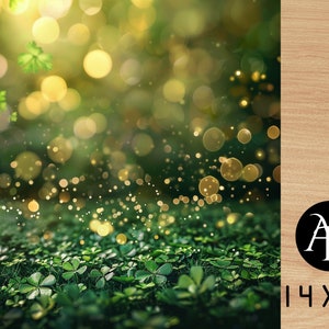 May include: A green background with a blurred image of a forest with golden bokeh lights. The foreground is a field of green clover.