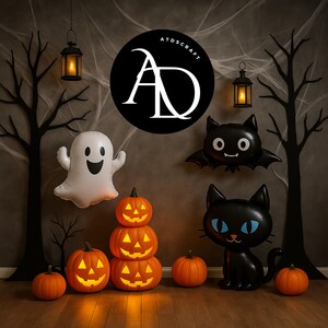 Haunted Forest Halloween Digital Backdrop with Ghost, Pumpkins and Black Cat | Spooky Printable Photo Background, Halloween Backdrop