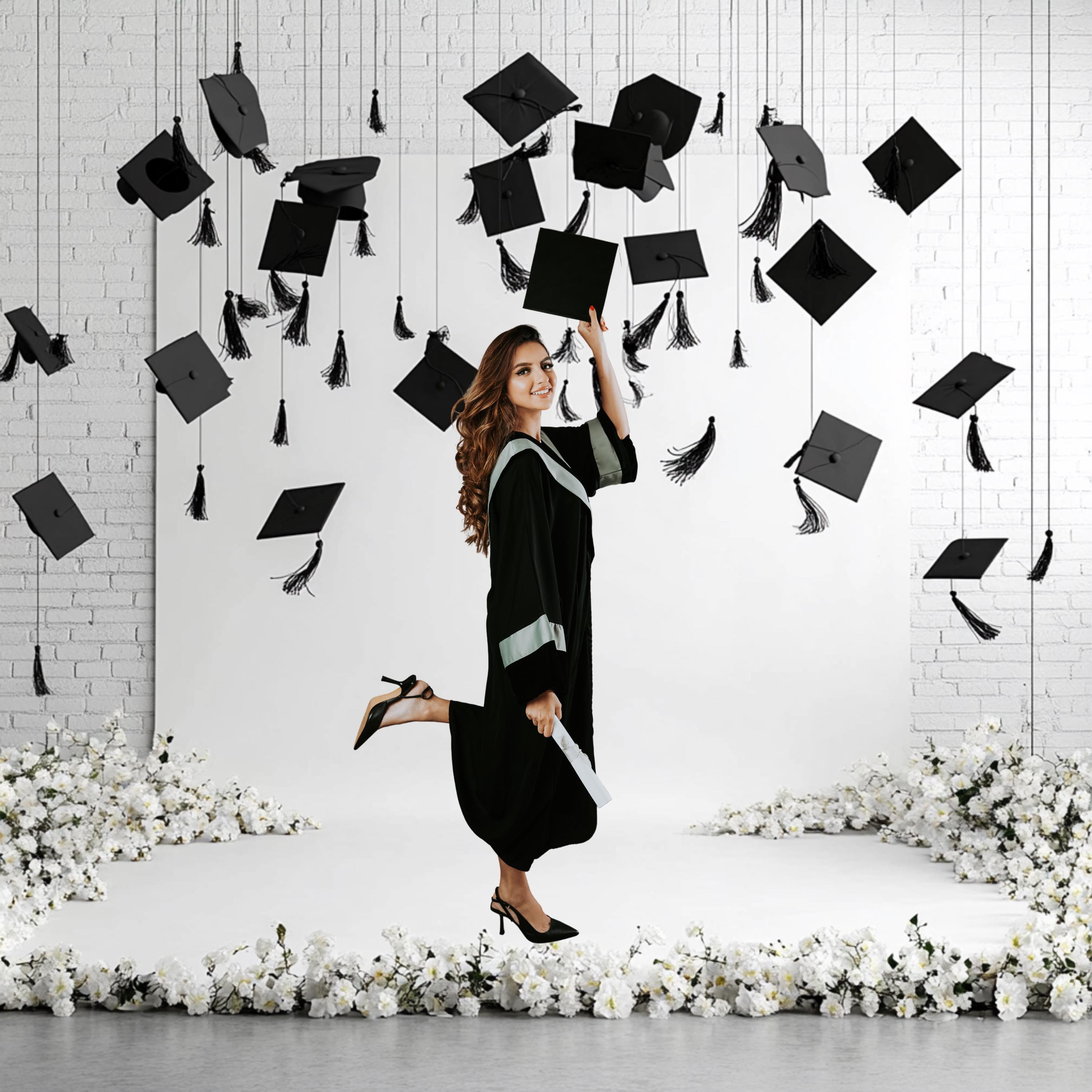 Graduation White Ress Black and White Graduation Backdrop | Floating Cap Toss With Floral ...