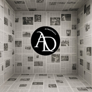 Könnte beinhalten: Ein Raum, der vollständig mit Zeitungsseiten bedeckt ist und eine einzigartige, strukturierte Umgebung schafft. Wände, Boden und Decke sind mit Zeitungspapier ausgekleidet, das verschiedene Artikel und Bilder zeigt. Ein schwarzes kreisförmiges Logo mit dem Text "ATOSCRAFT" und stilisiertem "AD" ist zentriert.