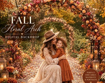 Fall Floral Arch Digital Backdrop, Autumn Photography Background, Romantic Fall Portrait, Family & Maternity Photo Composite