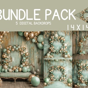 Sage Green Gold Balloon Garland Digital Backdrops, Family Kids Maternity Overlays, Birthday Prom Backdrop, Composite Photography Background