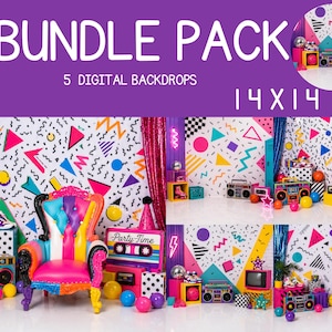 May include: Bundle pack of 5 digital backdrops with a vibrant 80s theme. The backdrops feature colorful geometric patterns, boomboxes, and a retro chair. The text "BUNDLE PACK" and "5 DIGITAL BACKDROPS" are visible. The backdrops are 35.56 x 35.56 cm.