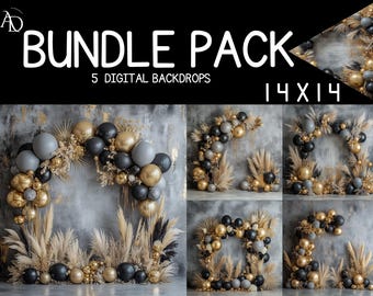 Luxurious Silver Wall Backdrop with Gold Accents, Balloon Arch in Gold, Black & Gray, Pampas Grass and Dried Flowers | Digital PNG 14x14