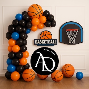 Basketball Party Arch Digital Backdrop – Sports Balloons & Hoop Background | Kids Boys Birthday Photo Booth Decor-Party sports Backdrop