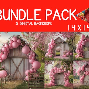 May include: A digital backdrop bundle pack of 5 images featuring a rustic wooden barn with pink balloon arches and blooming cherry blossom trees. The images are 14x14 inches.