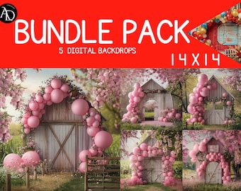 Farm Barn Balloon Pink Arch Digital Backdrops, Child Photography Studio,Photoshop overlays,Creative Composite, Farm Background,Baby Birthday
