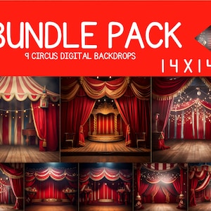 9 Cirkusbakgrunder: Scenbakgrund med cirkustält, röd ridåbakgrund och fotorekvisita för konstfotografering, digital nedladdningspaket