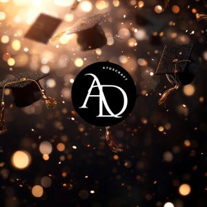 May include: A celebratory image featuring graduation caps with gold tassels floating against a blurred background of golden bokeh lights. A black circle with the white text "ATDSCRAFT" and the letters "AD" is in the foreground.