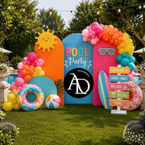 Summer Pool Party Digital Backdrop, Kids Birthday Party Background, Tropical Pool Photo Booth PNG, Colorful Summer Decor 14x14