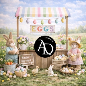 May include: An Easter-themed display featuring a wooden stand with a striped awning and hanging Easter eggs. Plush bunnies and a bear are positioned around the stand, along with baskets and wooden crates filled with colorful eggs. A sign reads "Easter Egg Hunt."