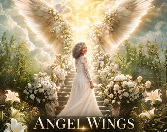 Angel Wings Memorial Backdrop, Stairway to Heaven Photography Background, White Floral Celebration of Life Digital Backdrop