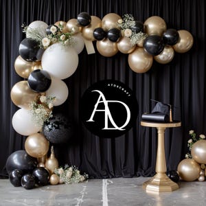 Black and Gold Graduation Backdrop | Elegant Cap and Balloon Setup | Luxurious Digital Background for Graduation Ceremony, Senior Portraits
