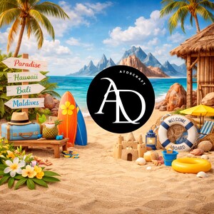 Tropical Beach Backdrop Digital 14x14, Summer Luau Party Background, Vacation Travel Theme Photo Booth Decor