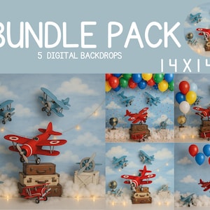 May include: Bundle pack of 5 digital backdrops, each 14x14 inches, featuring toy airplanes, globes, and suitcases. The backdrops have a sky and cloud theme, with red, blue, and yellow airplanes and balloons. The text "BUNDLE PACK" is at the top.