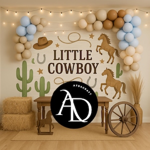 Rustic Western Cowboy Birthday Digital Backdrop | Farm Rodeo Party Background with Horses & Cactus | 14x14 PNG for Photoshoots Cowboy
