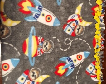 Lovers of Sloths, Astronauts and Rocket ships - Handmade Blanket.  Great stadium, camp-out, movie night blanket!!