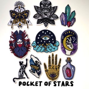 Mystical and occult-themed embroidered patches