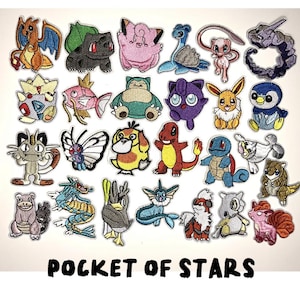 May include: A set of 25 colorful embroidered iron-on patches featuring various Pokemon characters. The patches are perfect for adding a fun and whimsical touch to clothing, bags, or other accessories. The patches feature a variety of Pokemon characters, including Pikachu, Charmander, Bulbasaur, Squirtle, and many more.