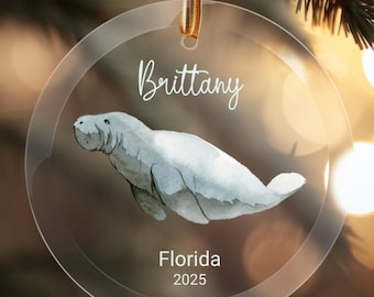 Personlig sjökorsdekoration, sjökorsdekoration i glas, anpassad Florida-dekoration, personlig stranddekoration, juldekoration 2025