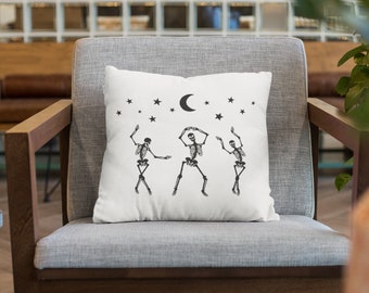Dancing Skeleton Halloween Pillow, White Witchy Throw Pillow