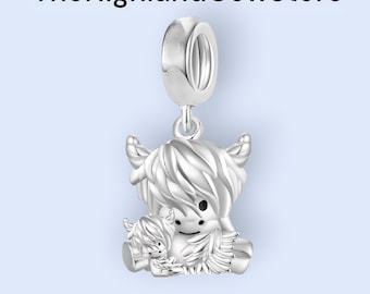 Highland Cow And Baby 925 Sterling Silver Pendant | Highland Cow Charm | Bracelet Pendant | Fits Pandora Bracelet | Cute Gifts |