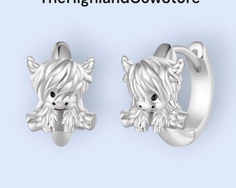 Orecchini Pendenti A Forma Di Mucca Delle Highland In Argento 925 - Con Fiore In Oro Rosa, Gioielli Donna Ipoallergenici