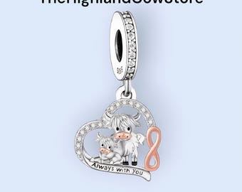 Colgante infinito de plata de ley 925 con vaca escocesa y su cría / Charm de vaca escocesa / Compatible con pulsera Pandora / Regalo para ella / Regalos adorables