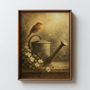 Könnte beinhalten: Ein gerahmter Kunstdruck mit einem Ölgemälde eines kleinen Rotkehlchens mit orangefarbener Brust, das auf einer verwitterten Metallgießkanne sitzt. Weiße Blumen blühen am Fuß der Gießkanne vor einem weichen, warmen, goldfarbenen Hintergrund.
