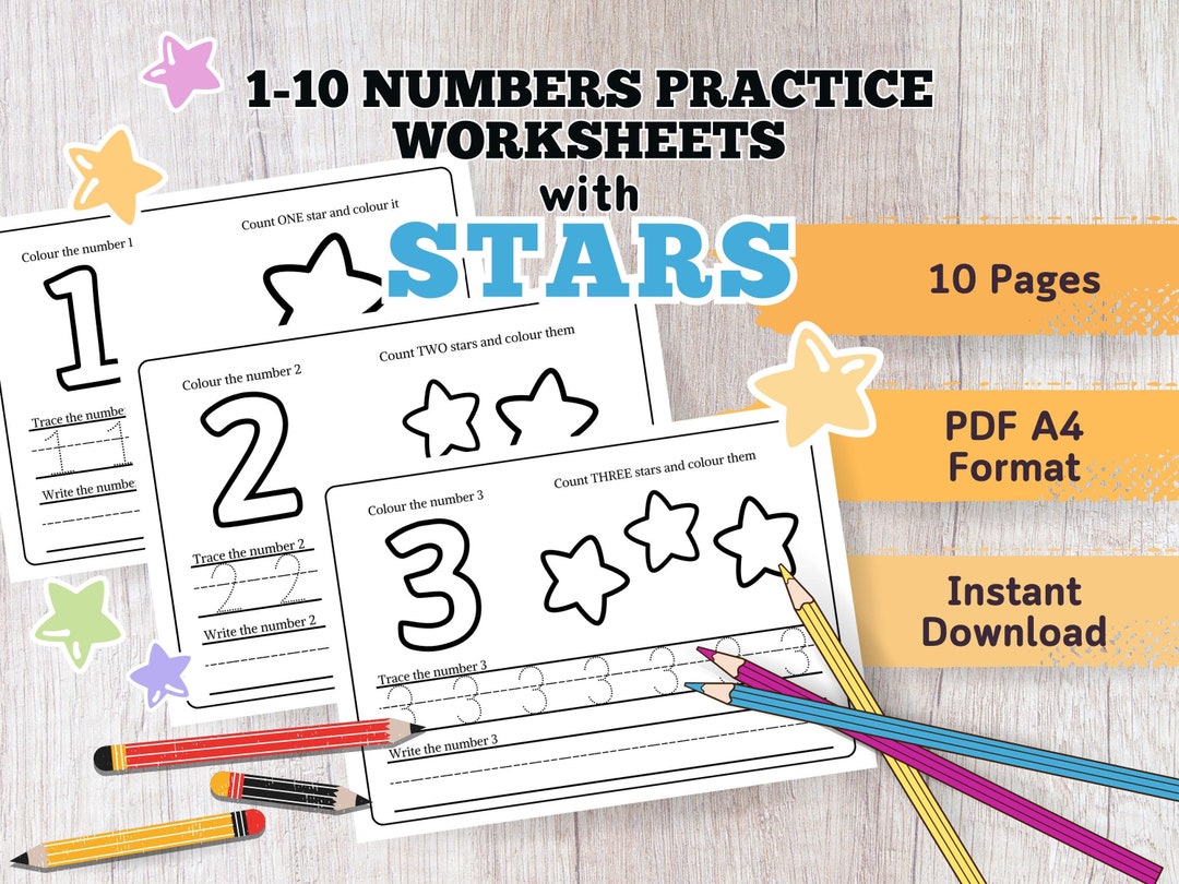 Stars Printable Practice Numbers 1 - 10 Worksheets - Kindergarten ...