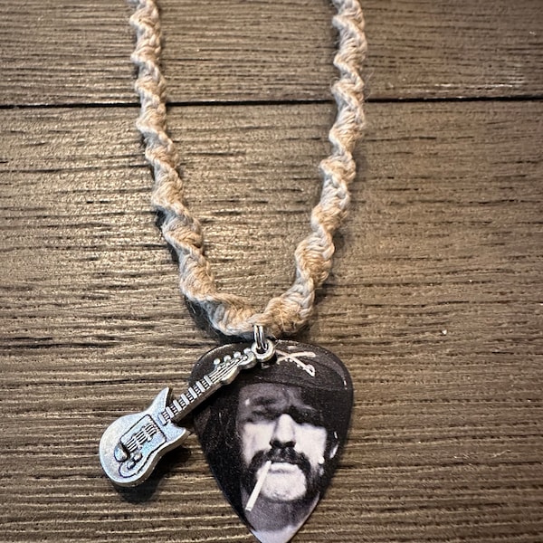 Handmade Hemp Necklace with Motörhead Lemmy Reversible Guitar Pick Pendant