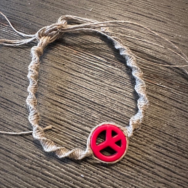 Handmade Hemp Bracelet with Peace Sign Bead Charm Pendant