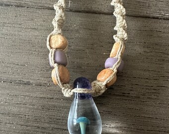 Handmade Hemp Necklace with Blown Glass Mushroom Pendant Purple