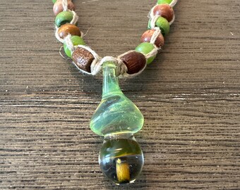 Blown Glass Mushroom in a Mushroom Pendant on Handmade Hemp Necklace