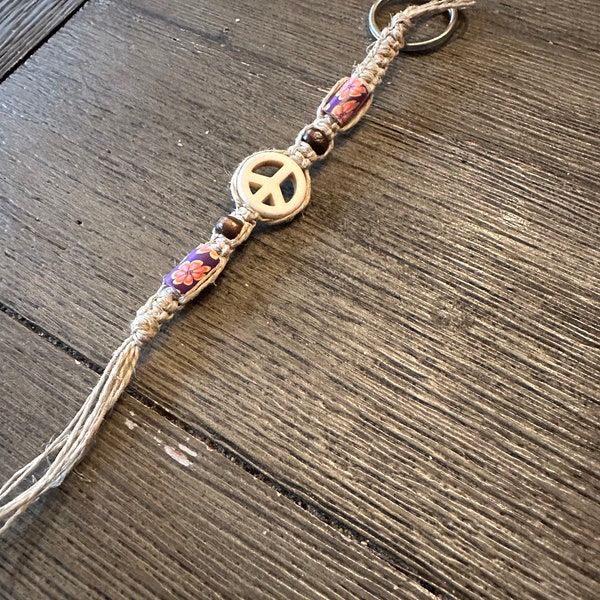 Hemp Keychain With Peace Sign Bead Charm Pendant Clay Fimo Beads
