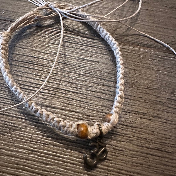 Handmade Hemp Bracelet with Wood Bead Ohm Charm Pendant