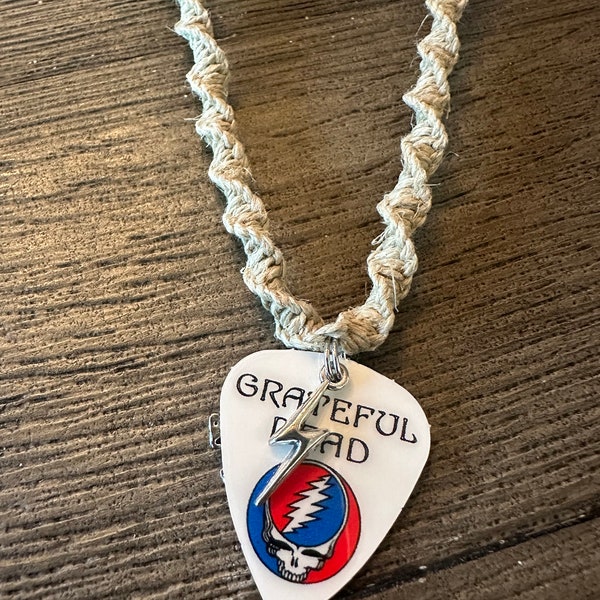 Grateful Dead Guitar Pick Pendant Lightening Bolt Dancing Bear Charm on Handmade Hemp Necklace