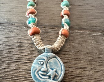 Raku Moon and Star Pendant on Hemp Necklace