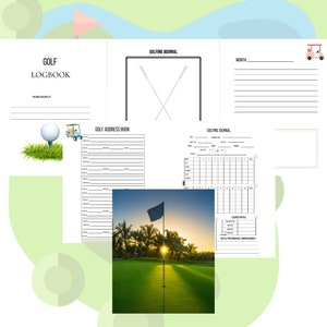 Op de afbeelding: Een golf logboek en adresboek met een golfbaan scène. Het logboek heeft de titel "GOLF LOGBOOK" en het adresboek heeft de titel "GOLF ADDRESS BOOK". De afbeelding bevat ook een golfbal op een tee en een golfkarretje.
