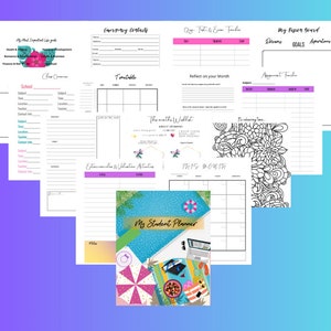 Op de afbeelding: Een verzameling afdrukbare plannerpagina's met verschillende lay-outs. Bevat secties voor noodcontacten, school, doelen en een maandkalender. De omslag van de studentenplanner toont een zwembadscène met een laptop en strandaccessoires. De pagina's zijn wit met roze en paarse accenten.