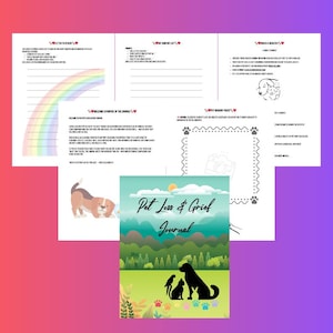 Puede incluir: Un diario de duelo por mascotas con una portada que presenta la silueta de una persona, un perro y un gato en un campo verde. Las páginas del diario incluyen indicaciones y espacio para escribir.